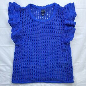 Gap Women's Royal Blue Flutter sleeve crocheted sweater M(petite)
